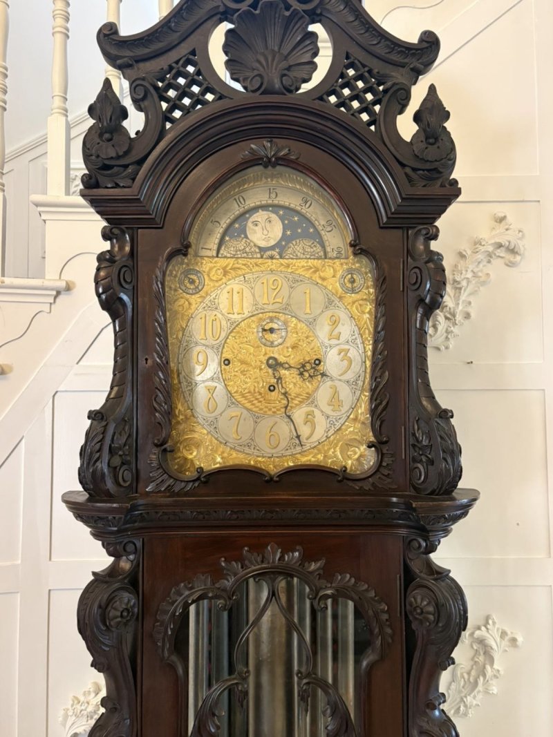 Antique Exhibition Quality Carved Mahogany Nine Tube Chiming Longcase Clock - Image 23